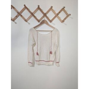 Sezane Knit Long Sleeve Ivory Sweater with Pink Stitching Tassel Ties - Size XS